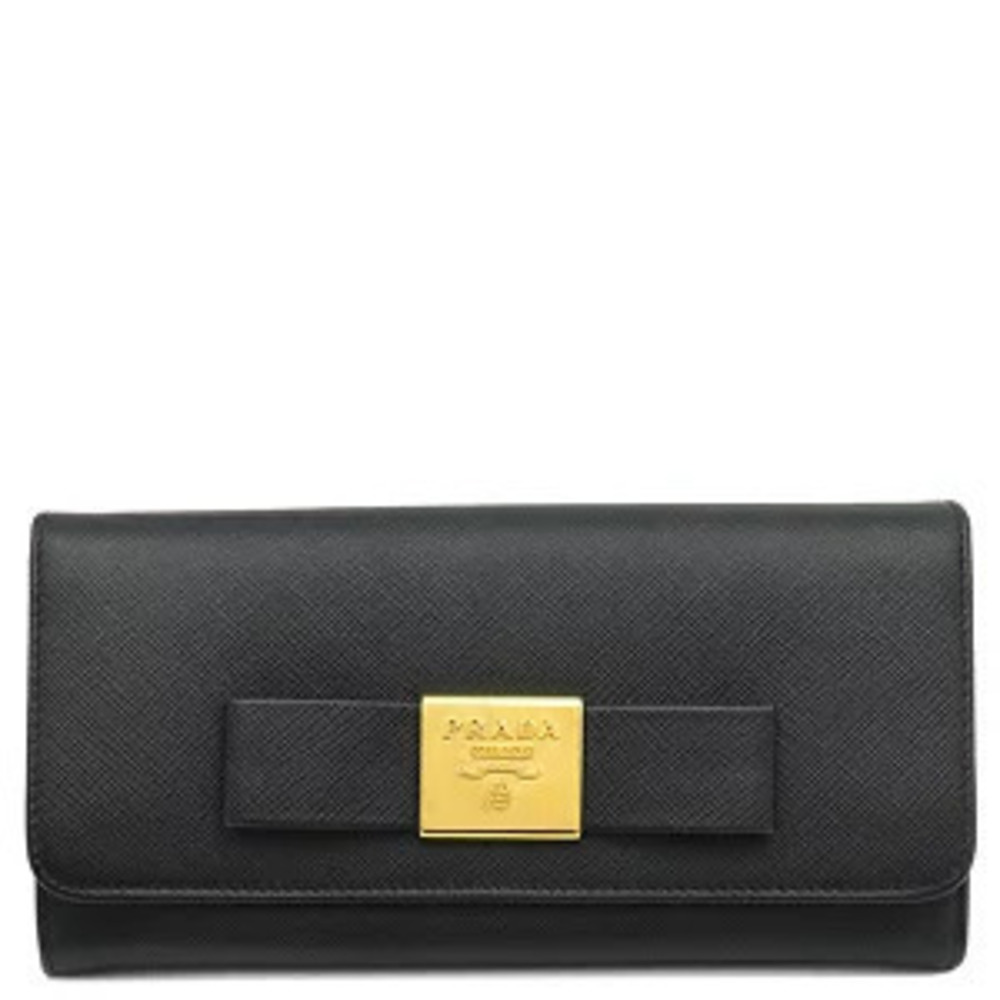 Prada Long Wallet Ribbon Flap Leather Saffiano NERO Black FIOCCO